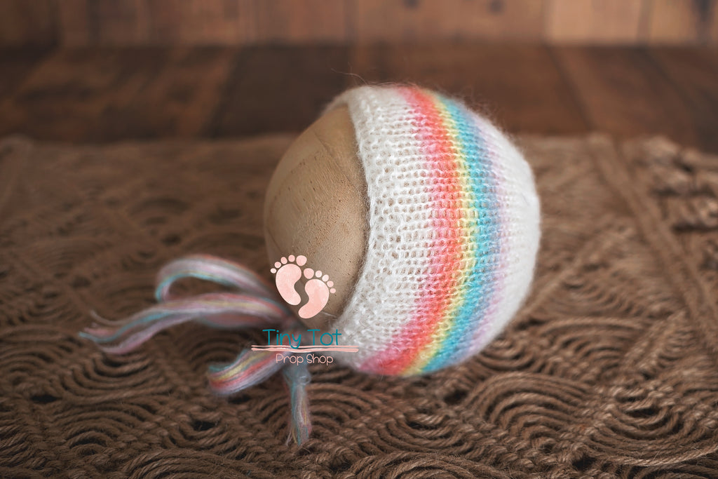 Rainbow Bonnet - Rainbow Baby Photo Prop - Newborn Photo Props Canada - Tiny Tot Prop Shop - Canadian Photography Props - Rainbow Props - Rainbow Baby Photo Props - Rainbow Baby - Rainbow Photo Props - Rainbow Photography Props
