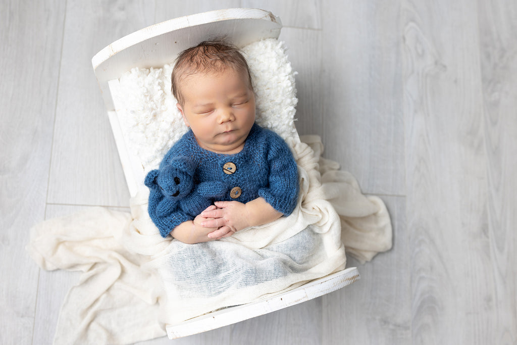 Knit Newborn Outfit - Newborn Knit Romper - Sleeper Outfit - Newborn Photo Props Canada - Tiny Tot Prop Shop - Canadian Photography Props - Vancouver Island - Sidney Sleeper Fuzzy Knitted Footed Newborn Romper for Newborn Photography