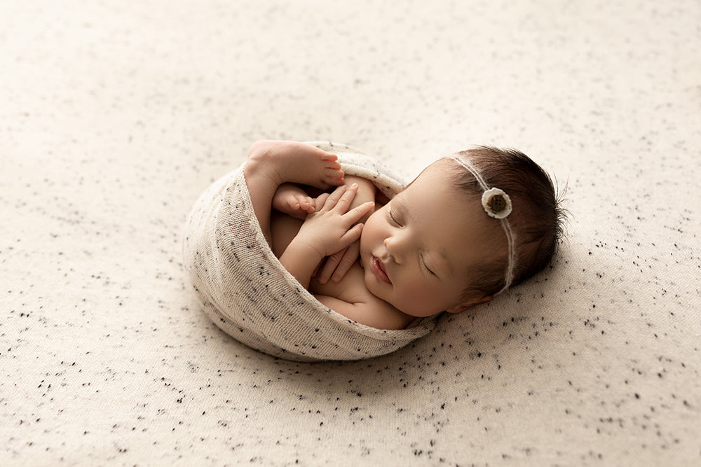 Speckled Knit Posing Fabric Set - Speckled Stretch Knit Wrap - Beanbag Backdrop Fabric - Newborn Photo Props Canada - Tiny Tot Prop Shop - Canadian Photography Props - Vancouver Island