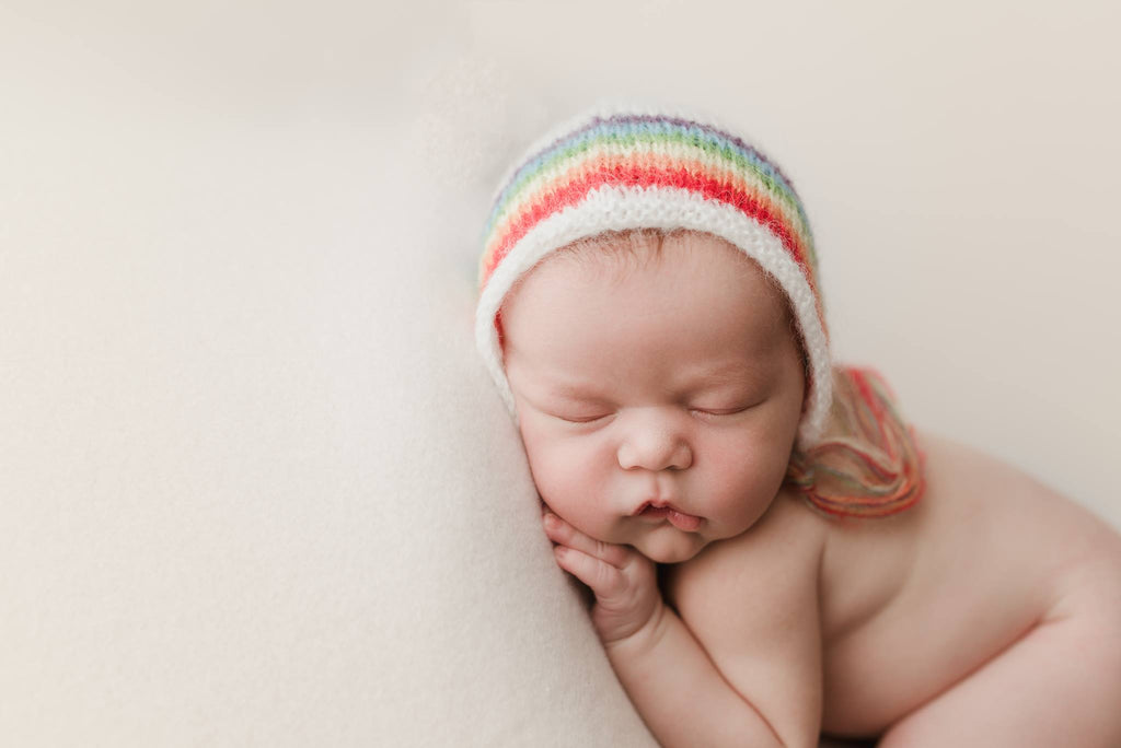 Rainbow Bonnet - Rainbow Baby Photo Prop - Newborn Photo Props Canada - Tiny Tot Prop Shop - Canadian Photography Props
