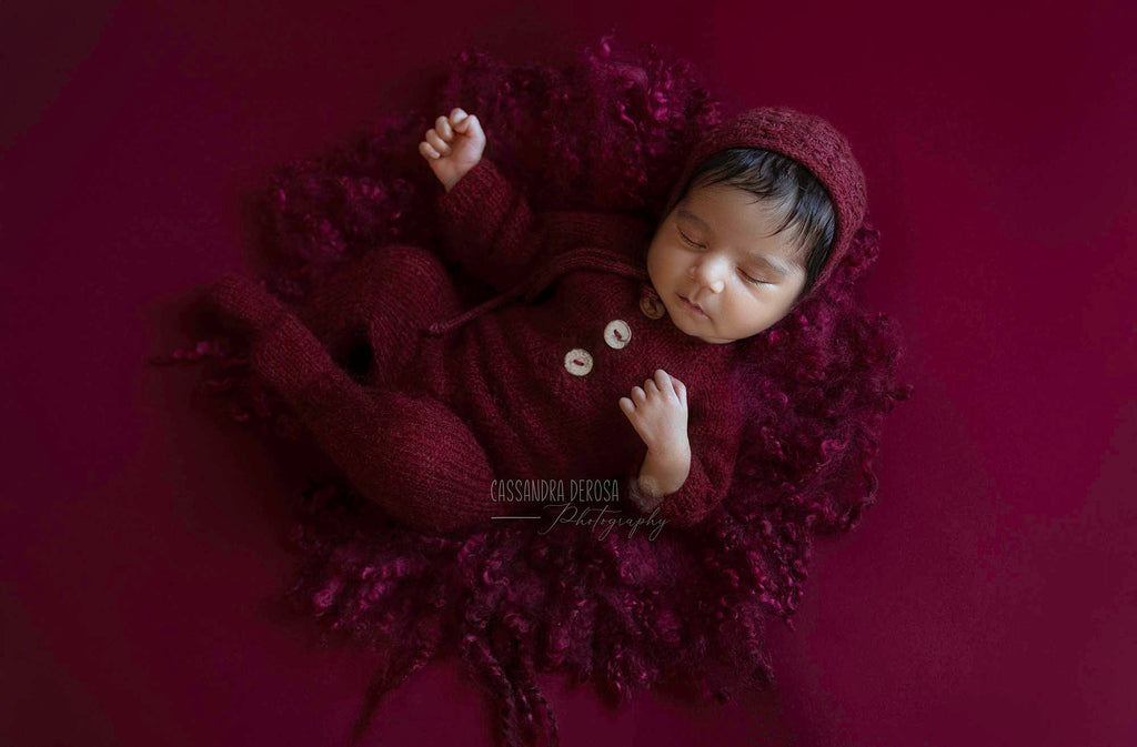 Knit Newborn Outfit - Newborn Knit Romper - Sleeper Outfit - Newborn Photo Props Canada - Tiny Tot Prop Shop - Canadian Photography Props - Vancouver Island - Sidney Sleeper Fuzzy Knitted Footed Newborn Romper for Newborn Photography - Soft Knit Romper and Bonnet Newborn Set - Footed Romper - Romper and Bonnet - Soft Knit Romper, Soft Knit Sleeper - Knit Sleeper - Knit Romper Set